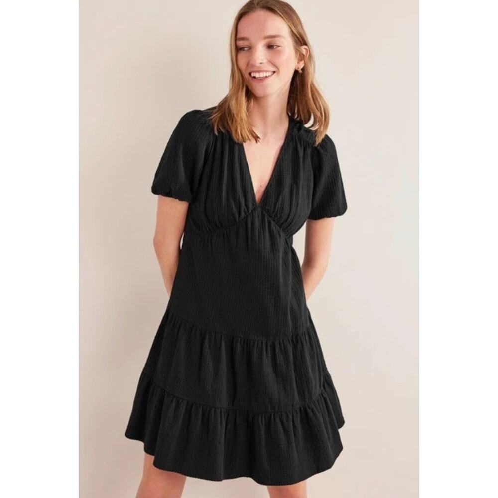 Boden Black Tiered Midi Dress Size 8L Puff Sleeve Cotton Textured Boho Casual